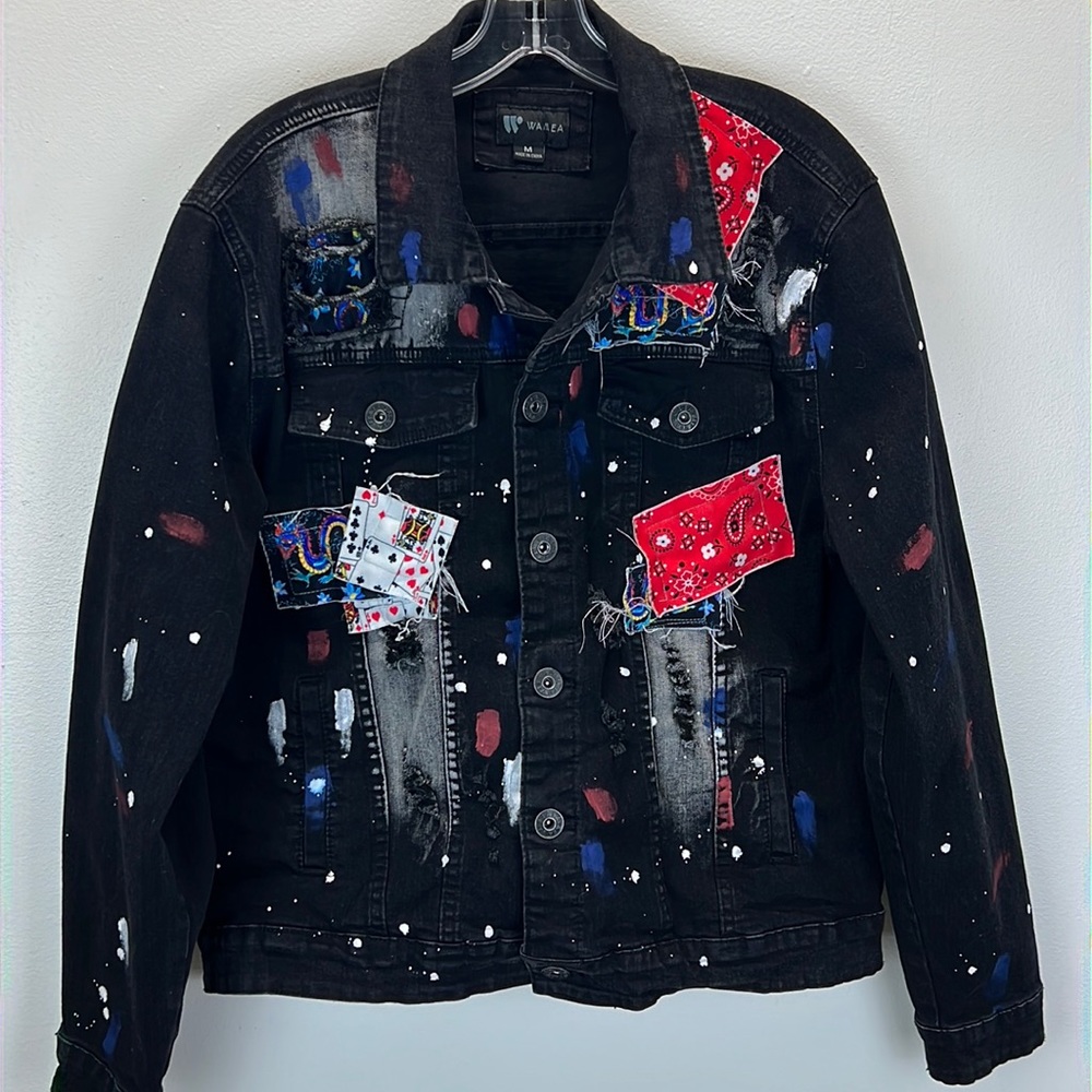 ⭐️Waimea mens grunge patchwork distressed painted black denim jacket size med